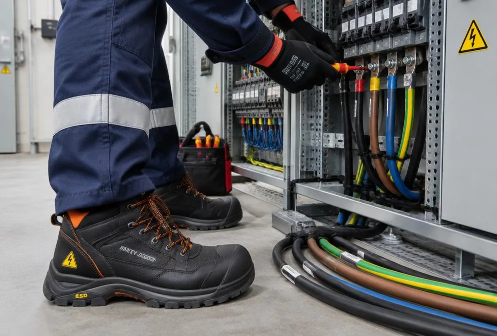 Elektrik panosunda çalışan teknisyenin yalıtımlı iş ayakkabısı